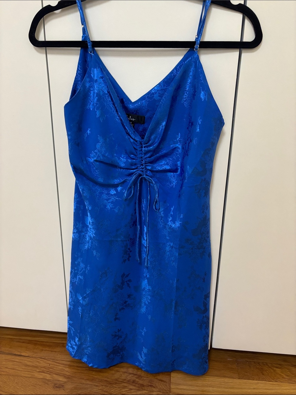 Blue Satin Ruched Front Slip Dress
